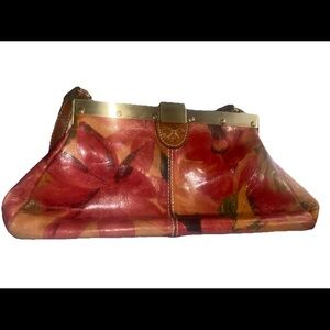 PATRICIA NASH Dyed Floral Italian Leather Metal Clasp Trim Satchel Handbag Purse